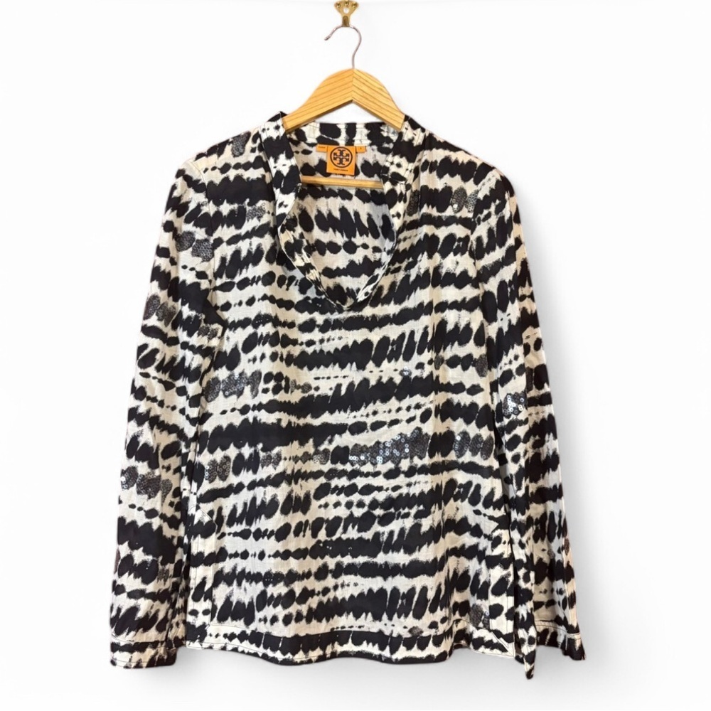 Tory Burch Women’s Size 8 Tunic Top Black White Sequin Print Blouse Cotton